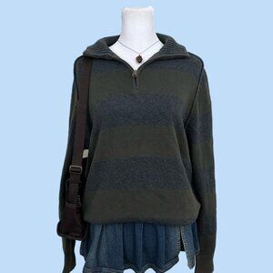 khaki and gray striped y2k quarter zip sweater